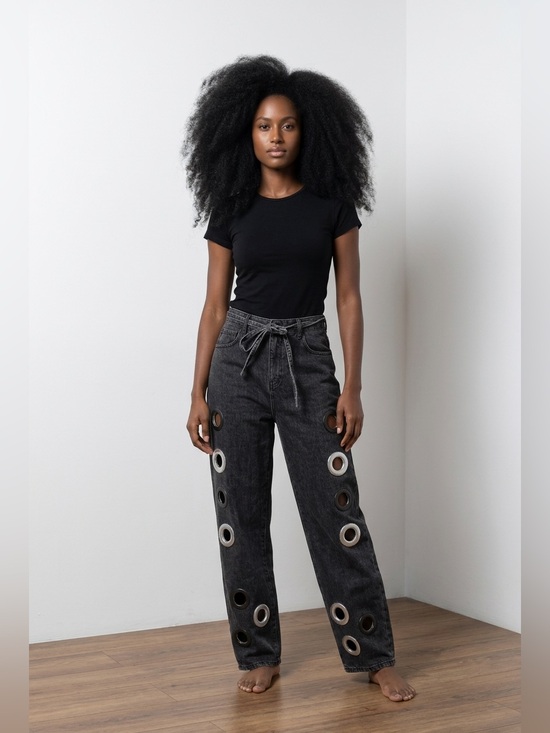 Upcycled Denim - Upcycled Grommet-Detail belted Charcoal Jeans size L